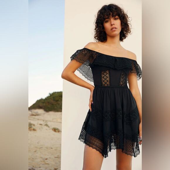 Charo Ruiz Ibiza Black Off Shoulder Lace Layered Asymmetric Vaiana Dress L - Picture 2 of 12